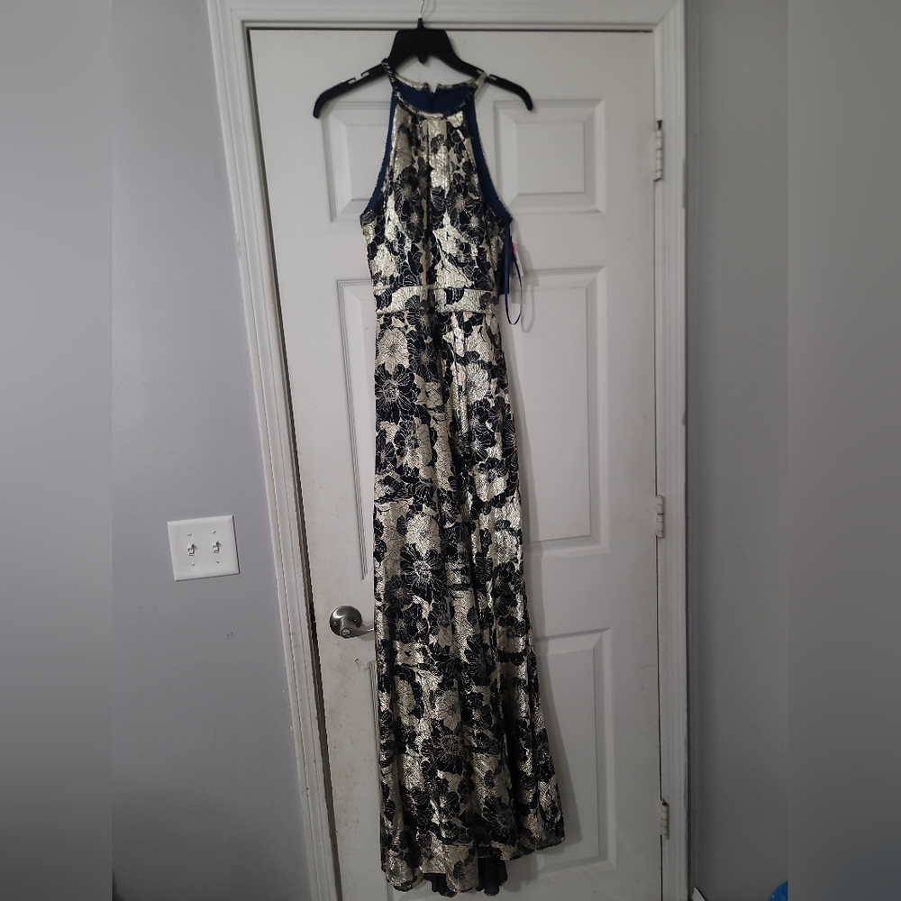 Betsy & Adam  Metallic Crinkle Sleeveless Halter Neck Foil Floral Print A-Line G - Picture 8 of 12